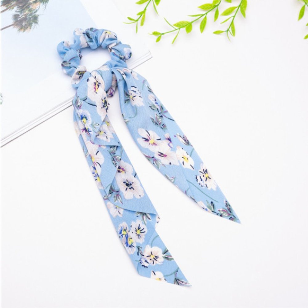 🆕 Ribbon Hair Tie Scrunchie - Floral Light Blue